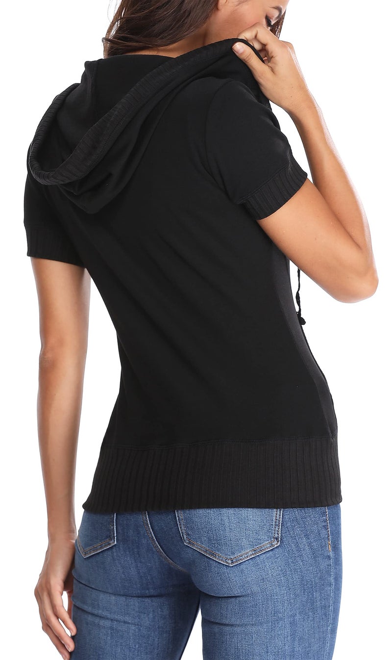 MISS MOLY Women's Zip Up Hoodie Short Sleeves Hooded Jacket Casual Lightweight Sweatshirt with Pockets Black M - Image 4